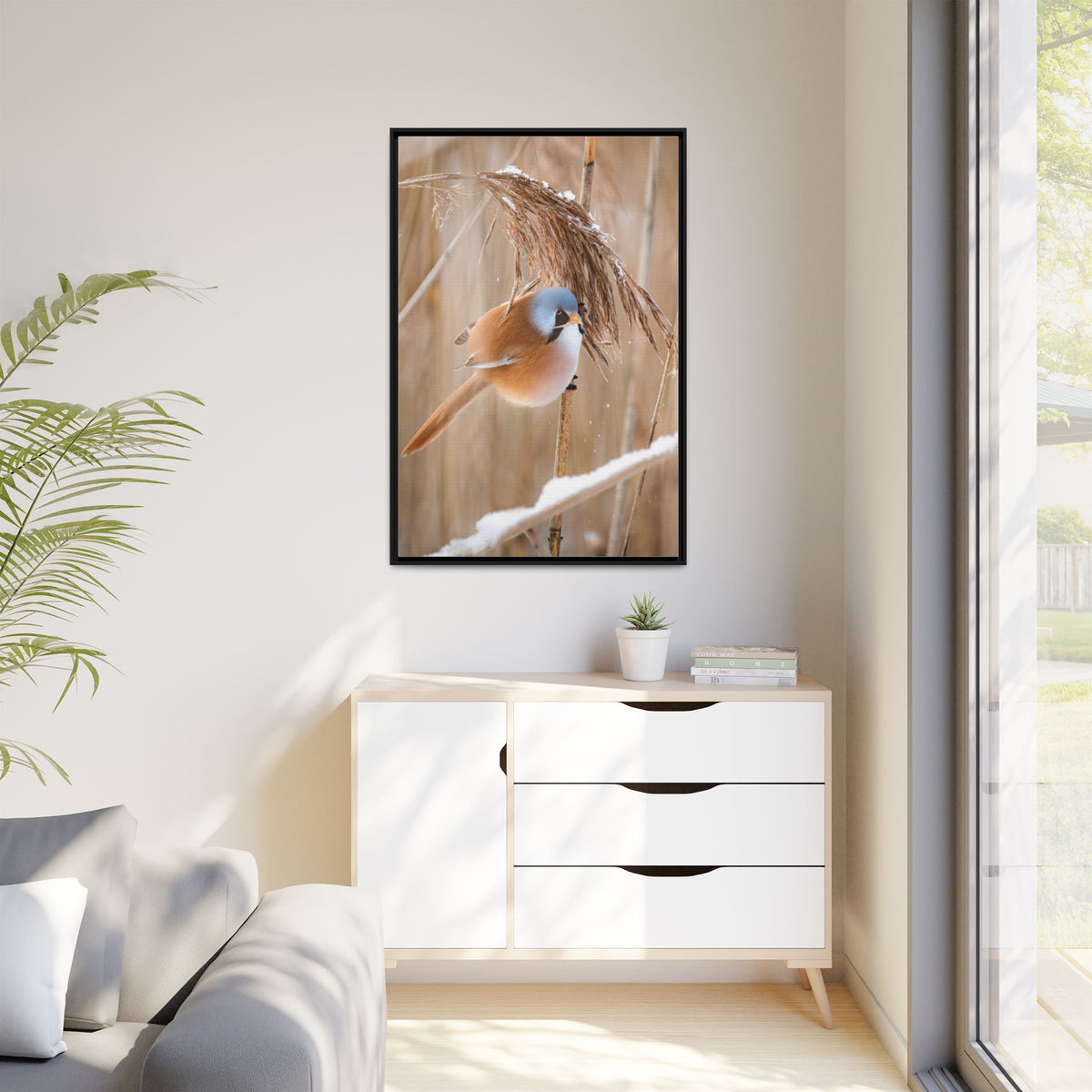 Framed Matte Canvas - Bearded Reedling Bird Photography (Winter Marsh)