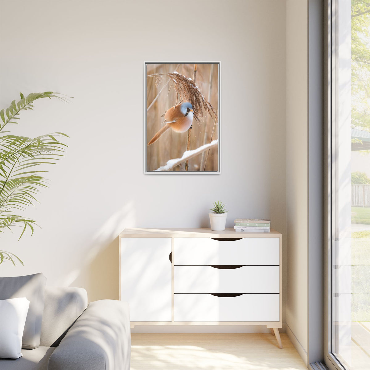 Framed Matte Canvas - Bearded Reedling Bird Photography (Winter Marsh)