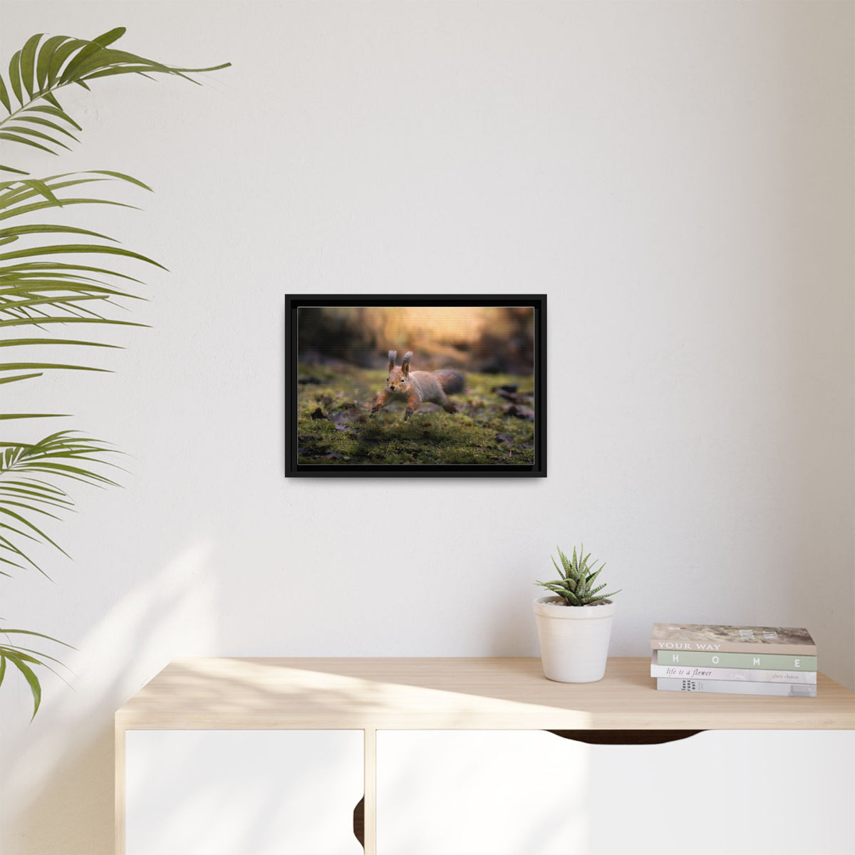 Framed Matte Canvas – Red Squirrel in Mossy Forest Wall Art