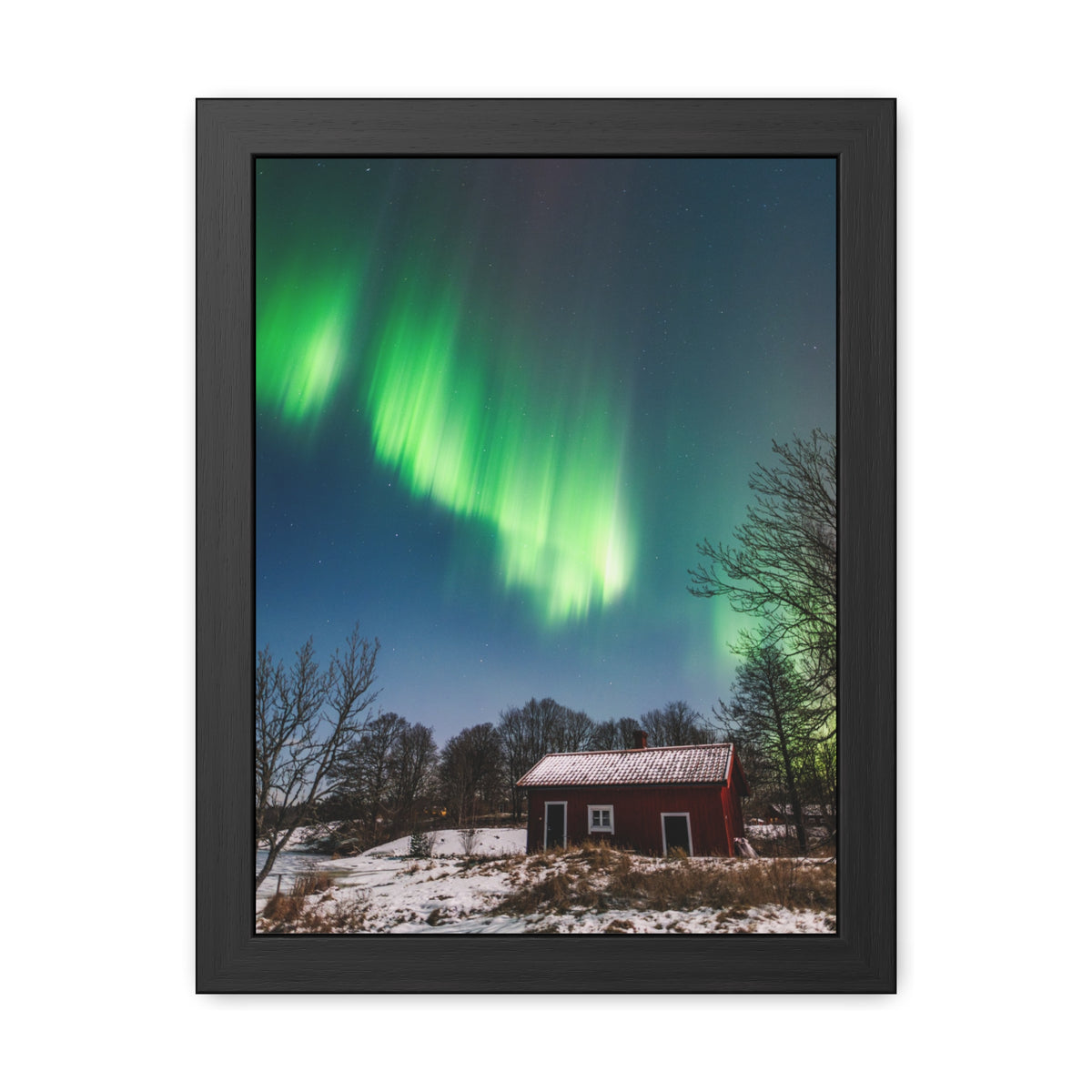Framed Poster — Northern Lights Over Snowy Cabin Wall Art