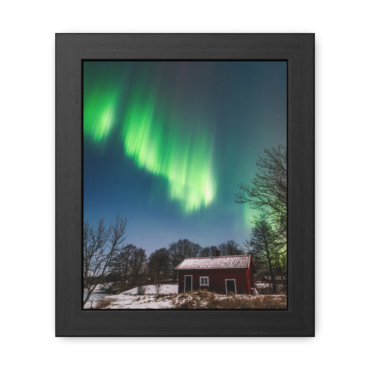 Framed Poster — Northern Lights Over Snowy Cabin Wall Art