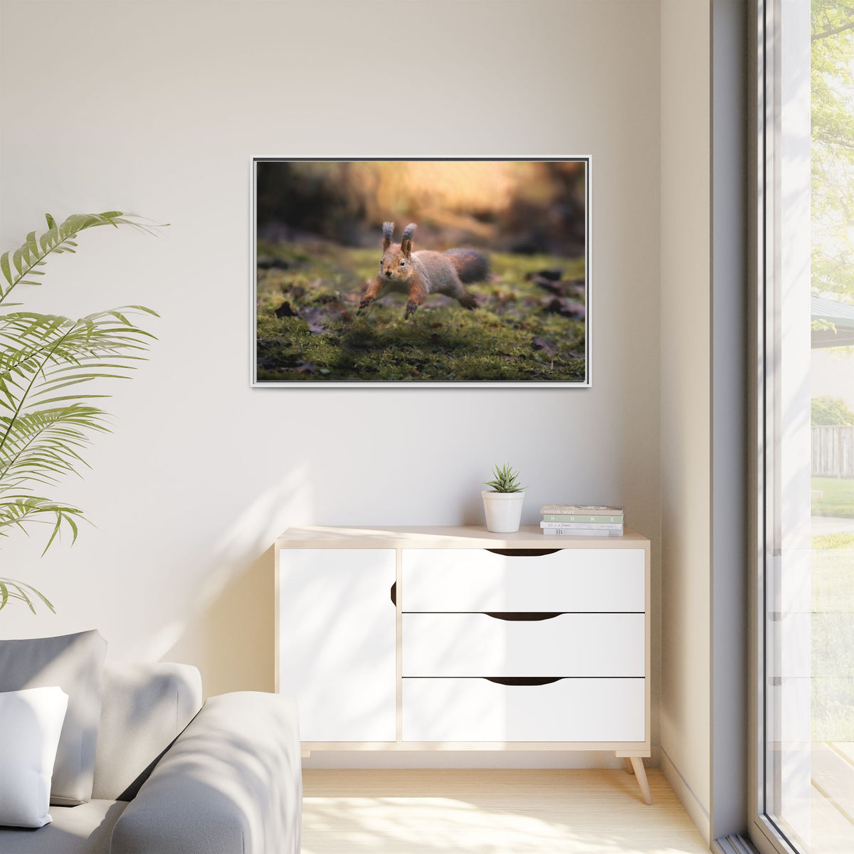 Framed Matte Canvas – Red Squirrel in Mossy Forest Wall Art