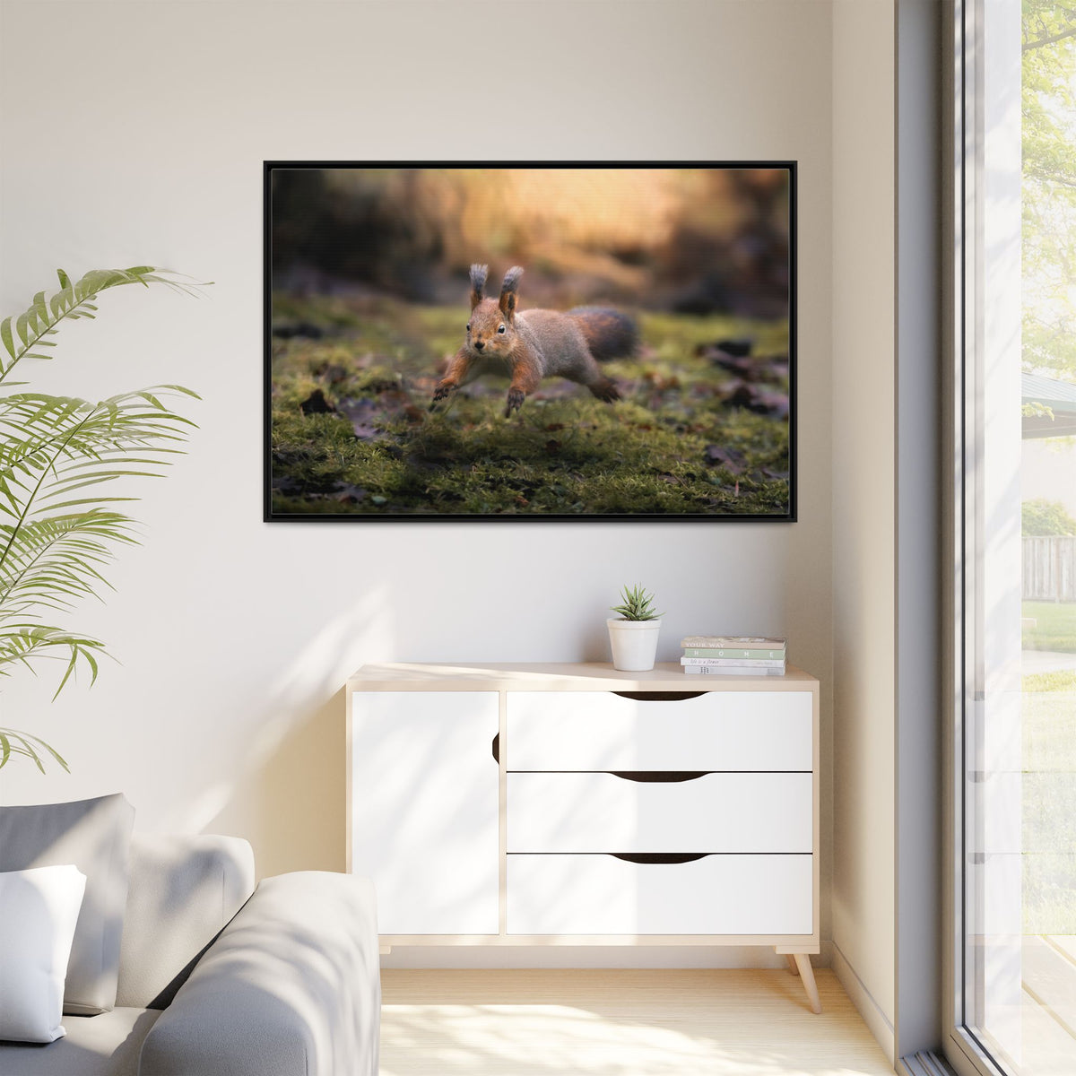 Framed Matte Canvas – Red Squirrel in Mossy Forest Wall Art