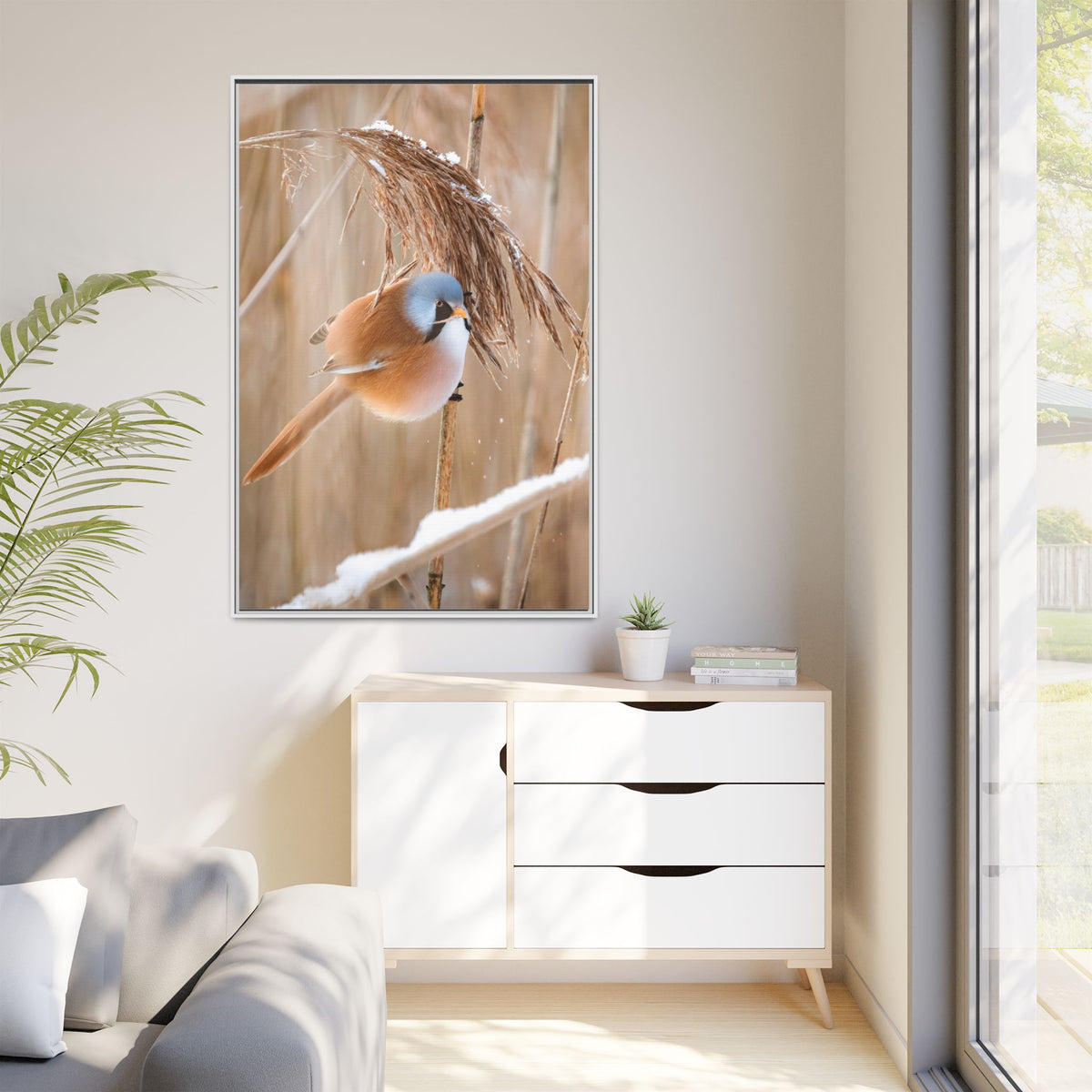 Framed Matte Canvas - Bearded Reedling Bird Photography (Winter Marsh)