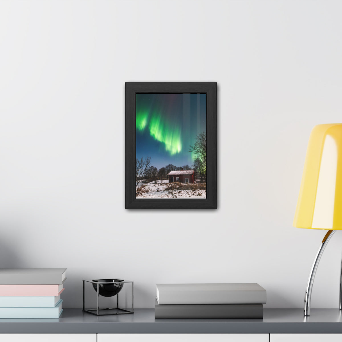 Framed Poster — Northern Lights Over Snowy Cabin Wall Art