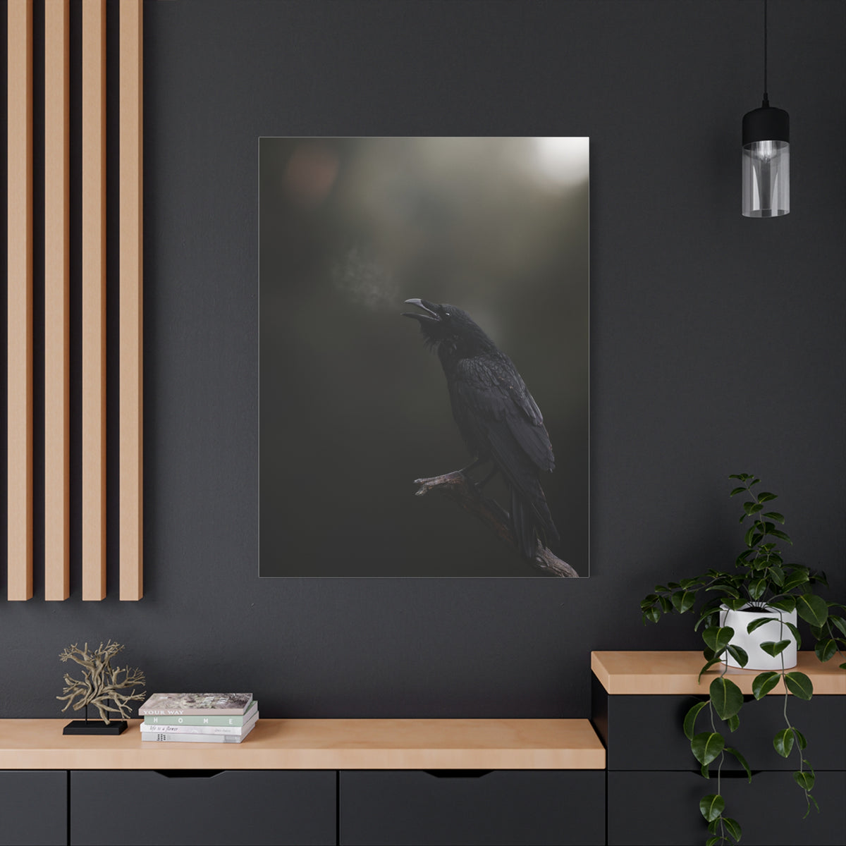 Raven Perched Matte Canvas Wall Art — Moody Dark Nature Photography