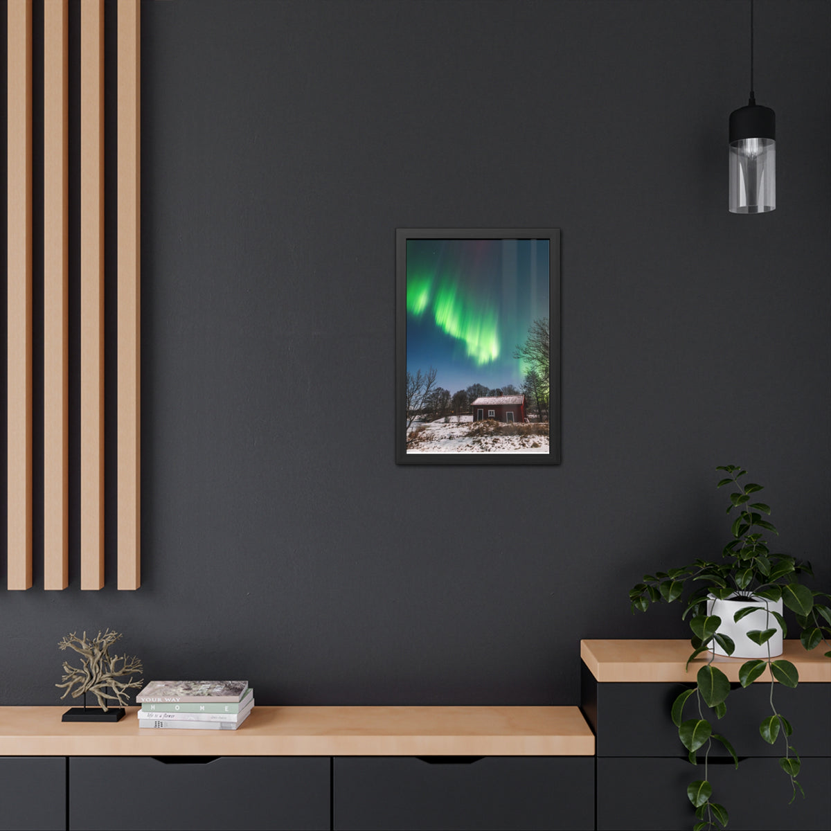 Framed Poster — Northern Lights Over Snowy Cabin Wall Art