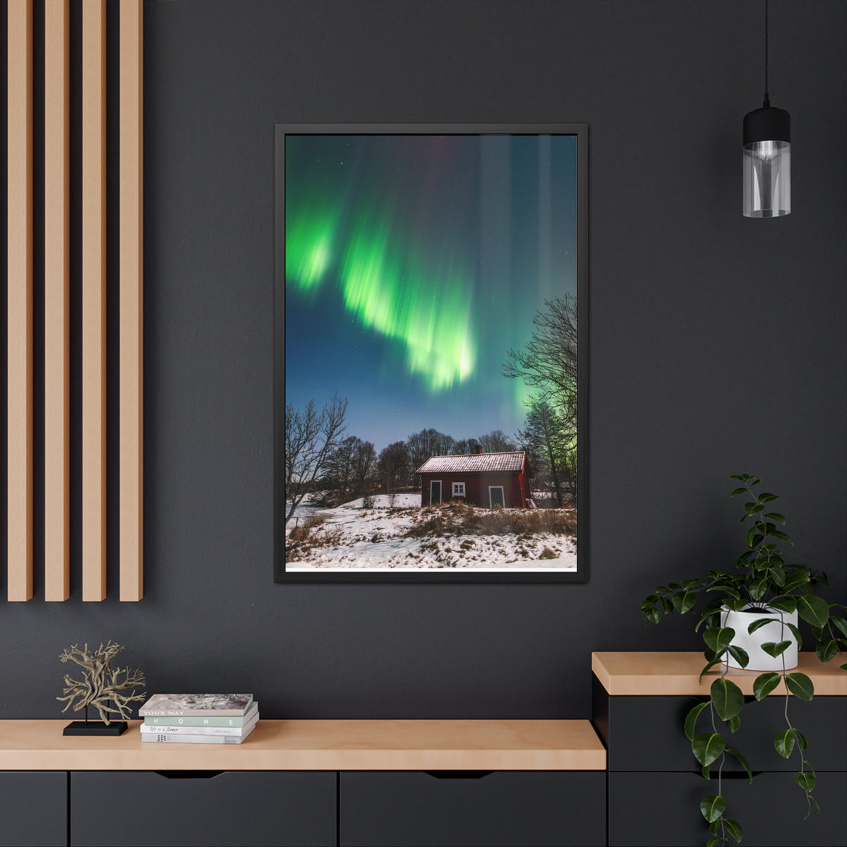 Framed Poster — Northern Lights Over Snowy Cabin Wall Art