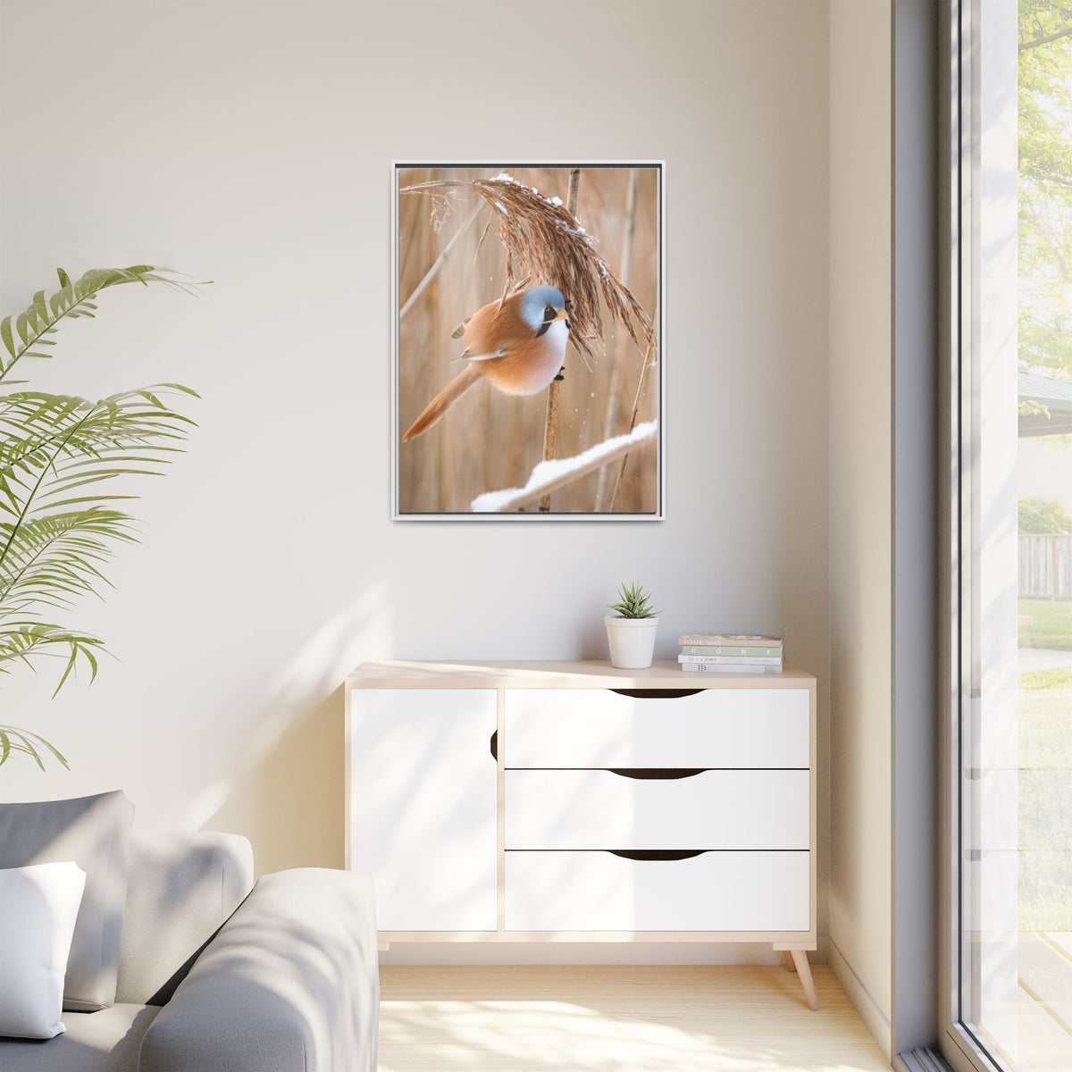 Framed Matte Canvas - Bearded Reedling Bird Photography (Winter Marsh)