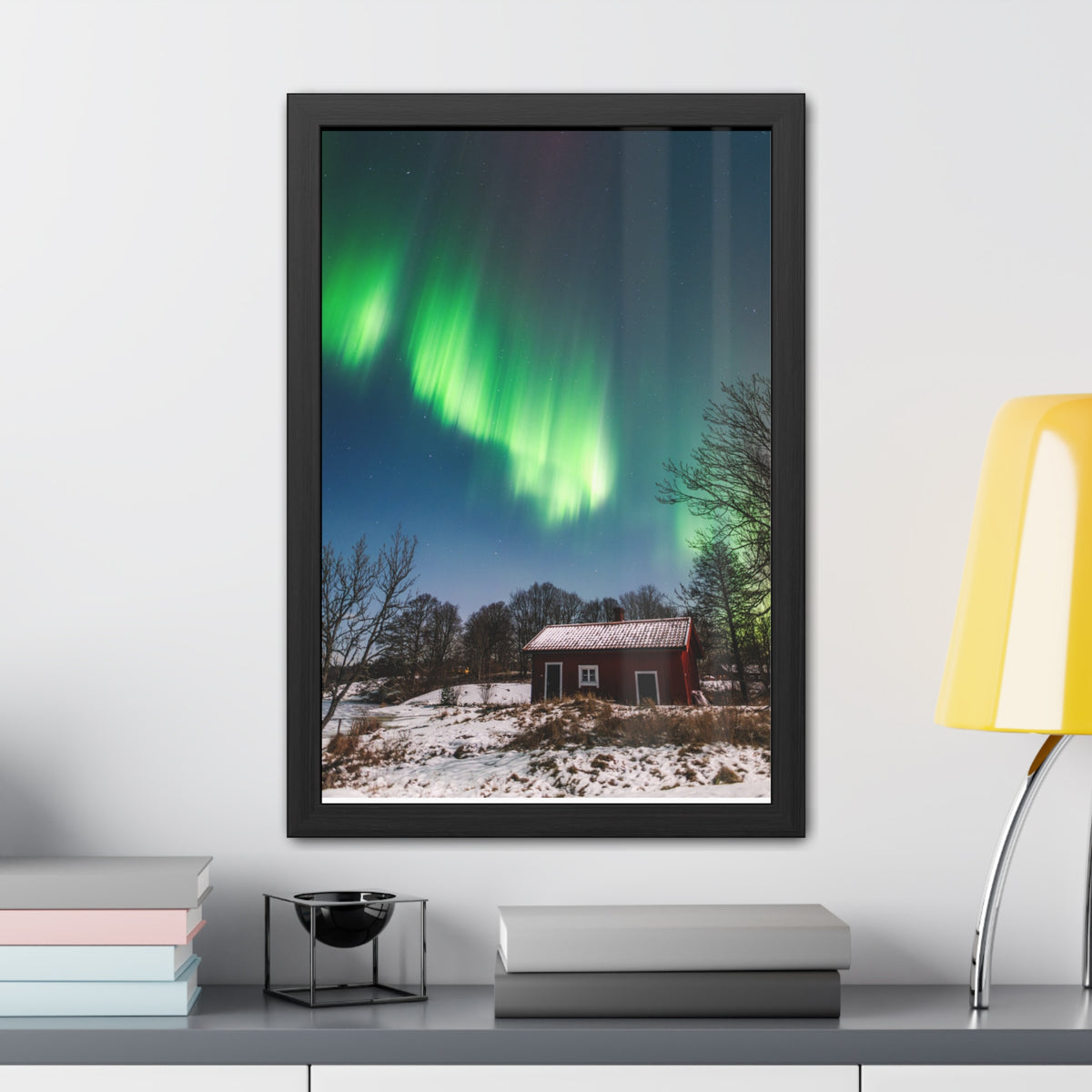 Framed Poster — Northern Lights Over Snowy Cabin Wall Art