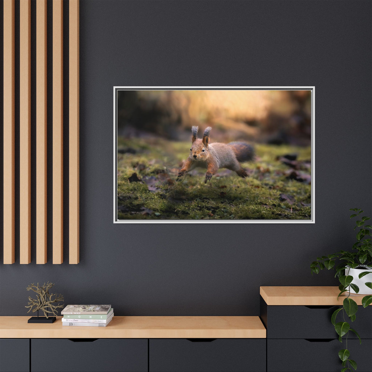 Framed Matte Canvas – Red Squirrel in Mossy Forest Wall Art