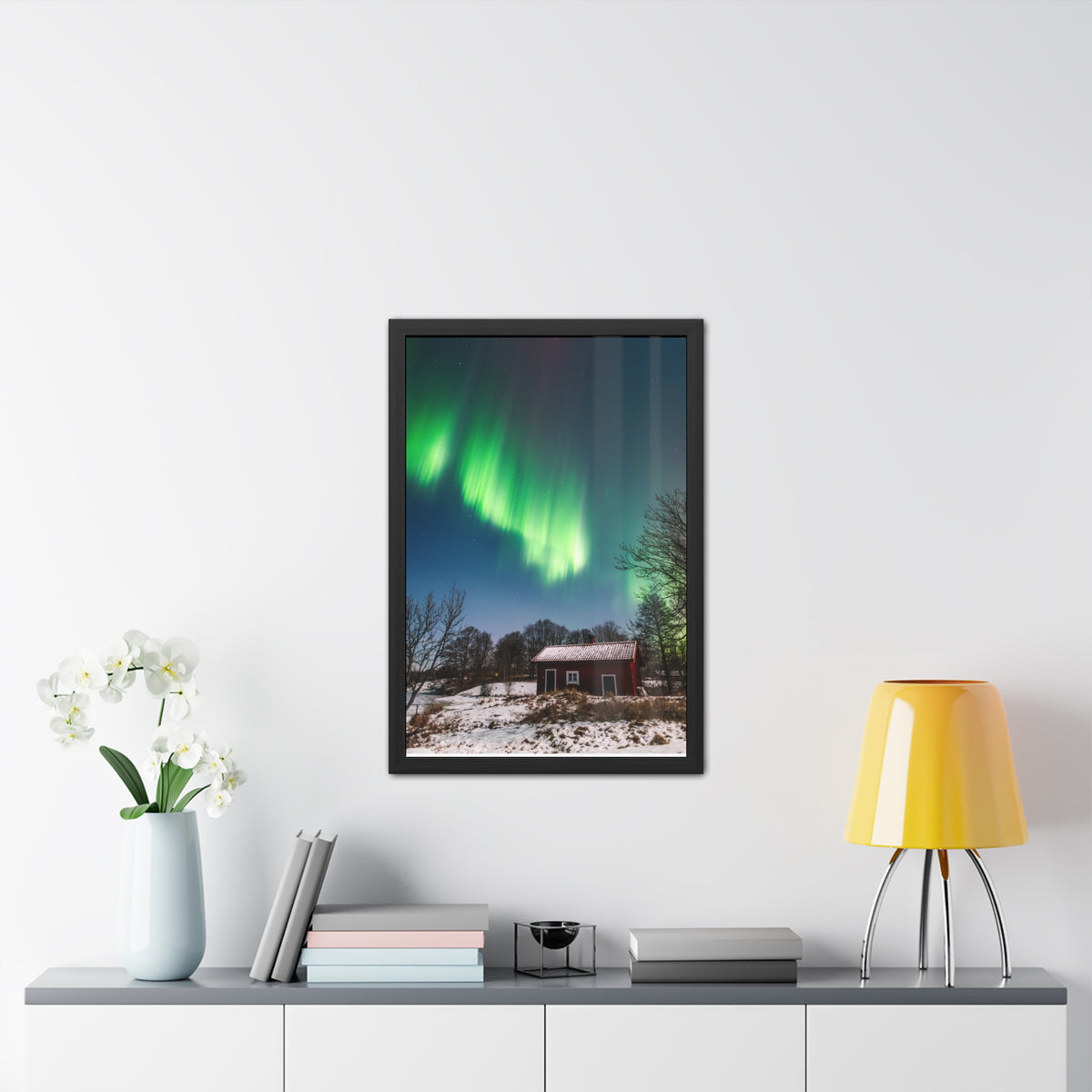 Framed Poster — Northern Lights Over Snowy Cabin Wall Art