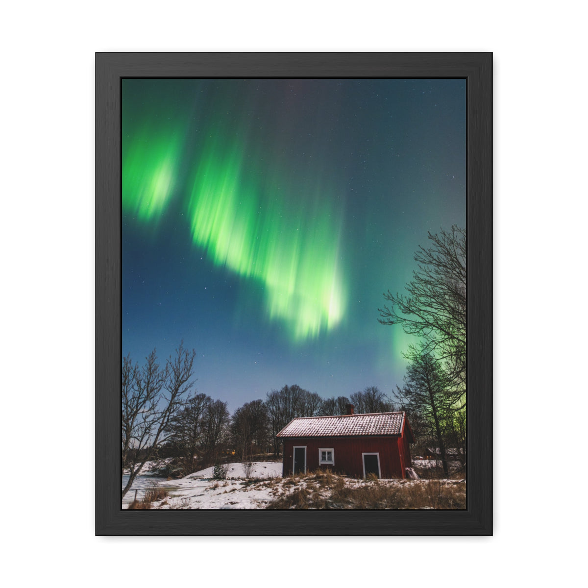 Framed Poster — Northern Lights Over Snowy Cabin Wall Art