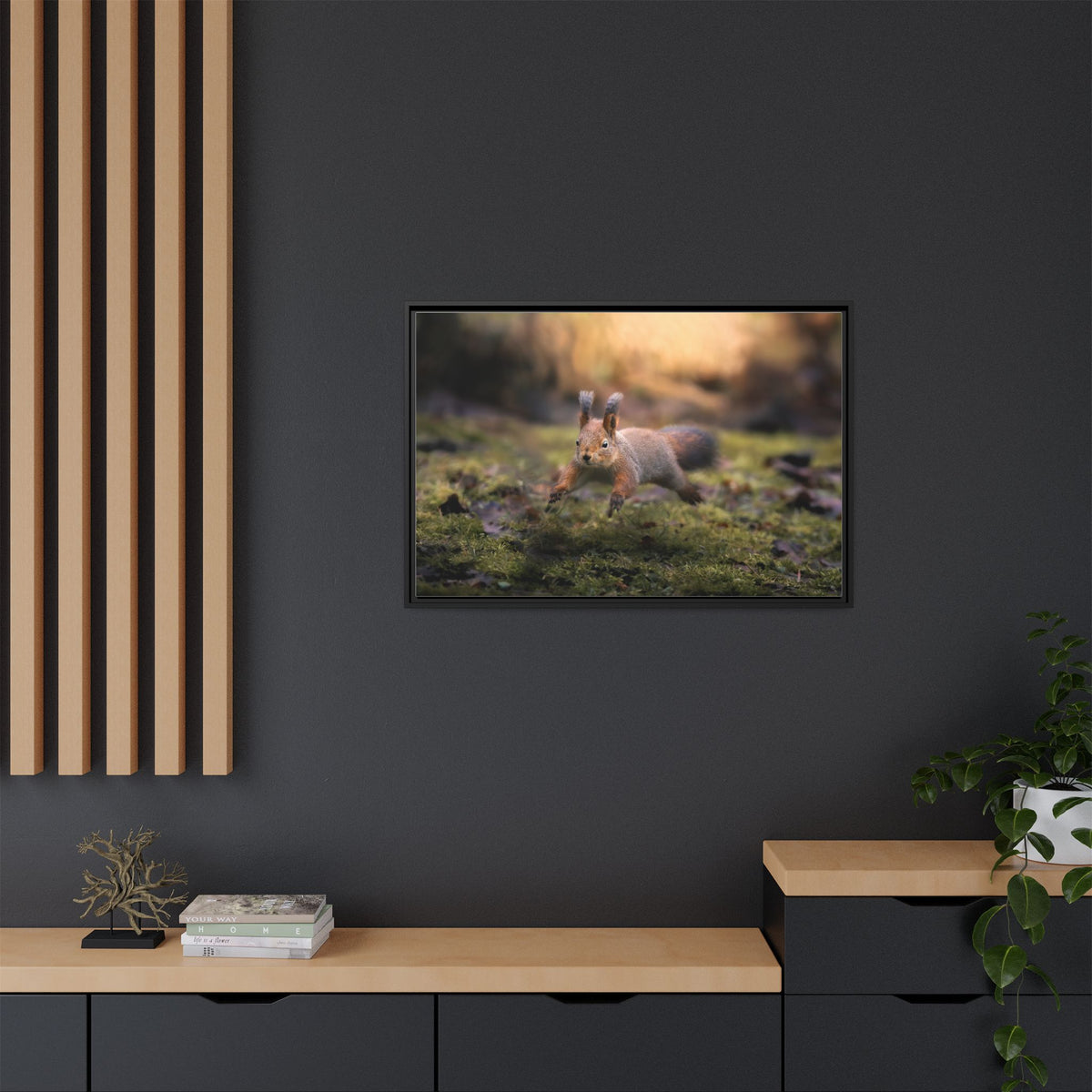 Framed Matte Canvas – Red Squirrel in Mossy Forest Wall Art