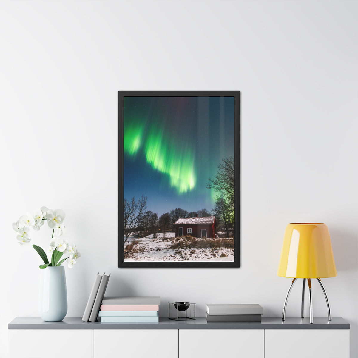 Framed Poster — Northern Lights Over Snowy Cabin Wall Art