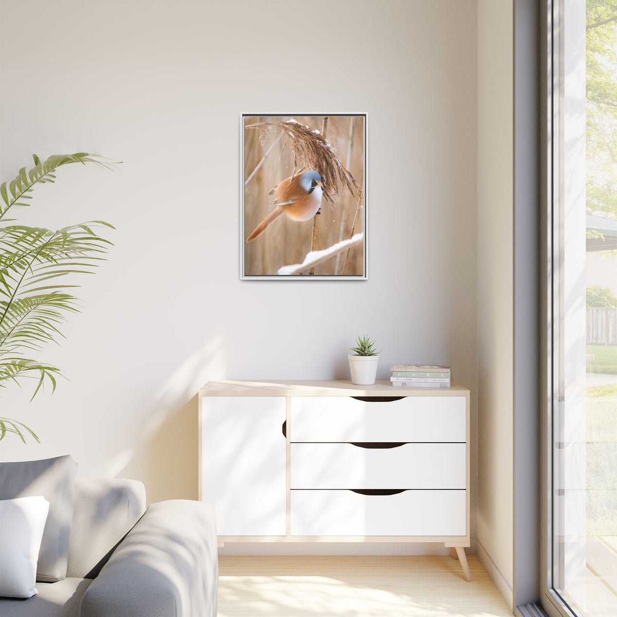 Framed Matte Canvas - Bearded Reedling Bird Photography (Winter Marsh)