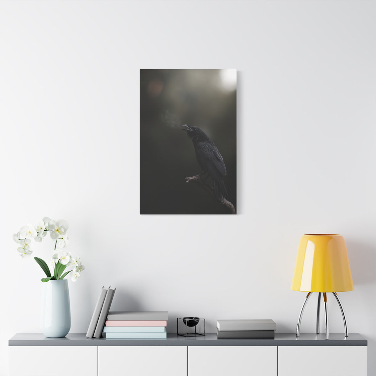 Raven Perched Matte Canvas Wall Art — Moody Dark Nature Photography