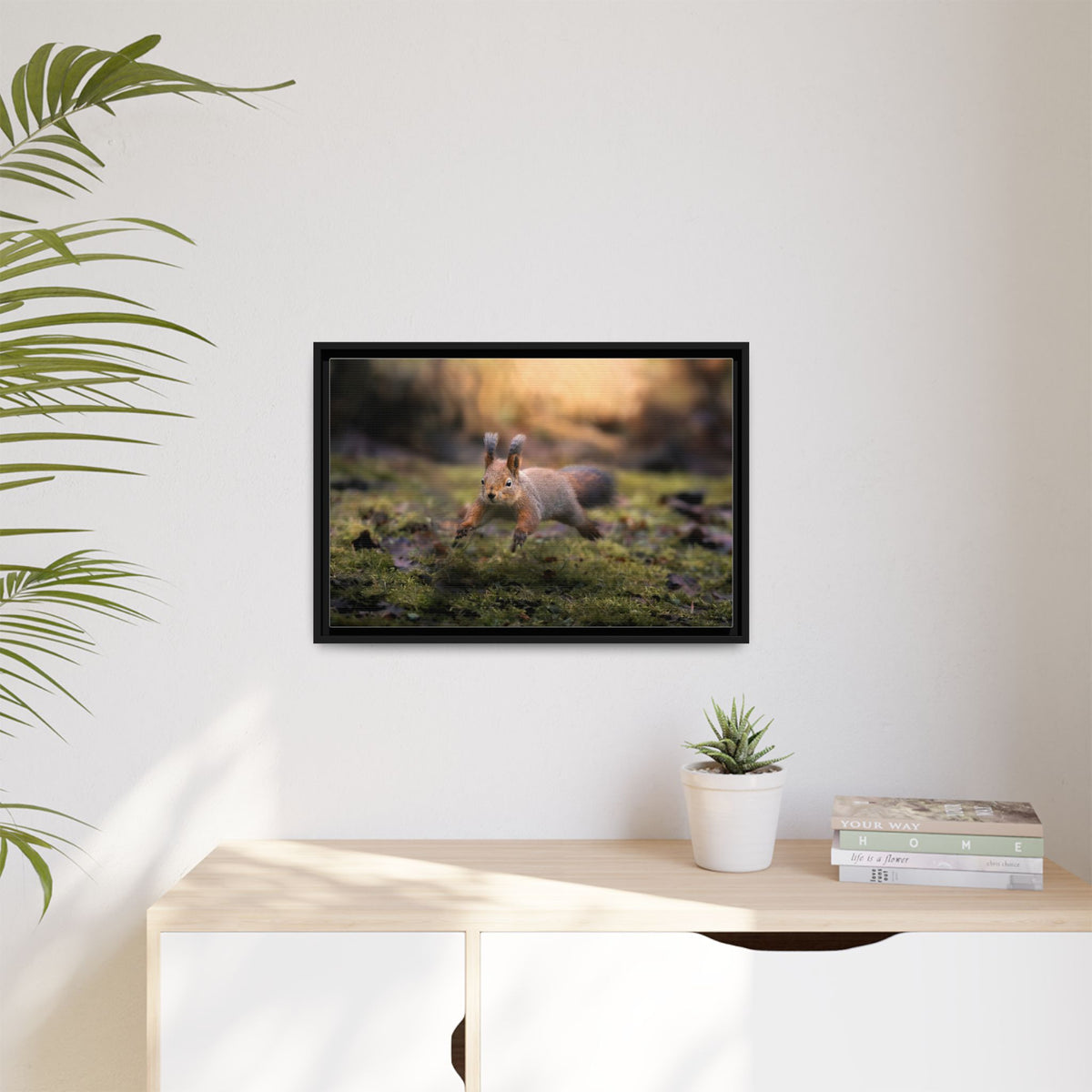 Framed Matte Canvas – Red Squirrel in Mossy Forest Wall Art