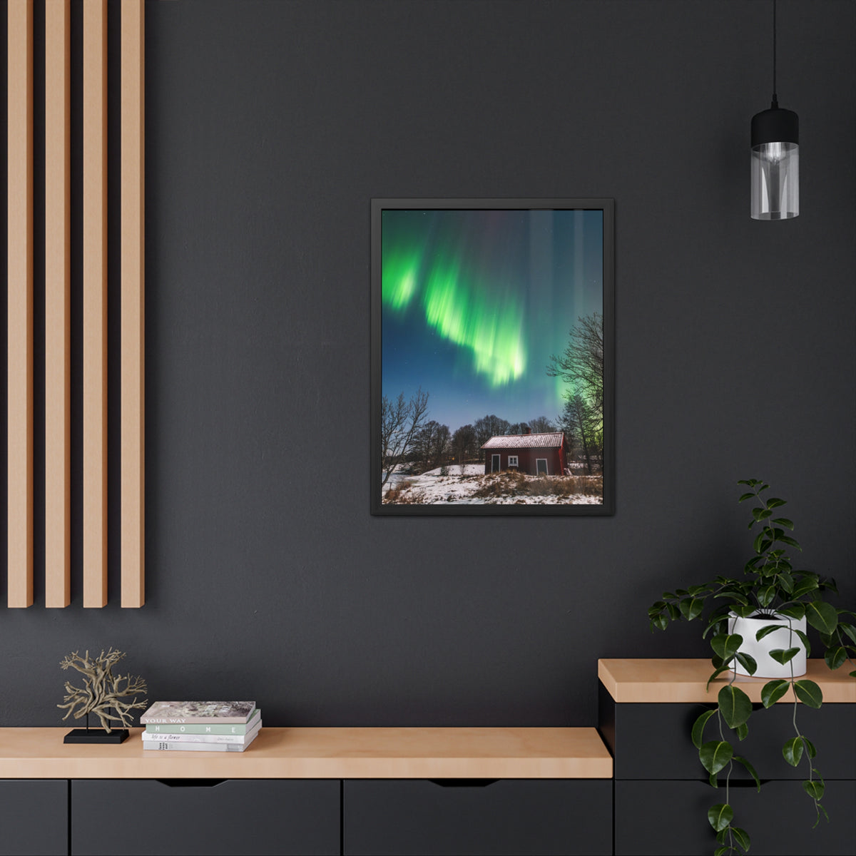 Framed Poster — Northern Lights Over Snowy Cabin Wall Art