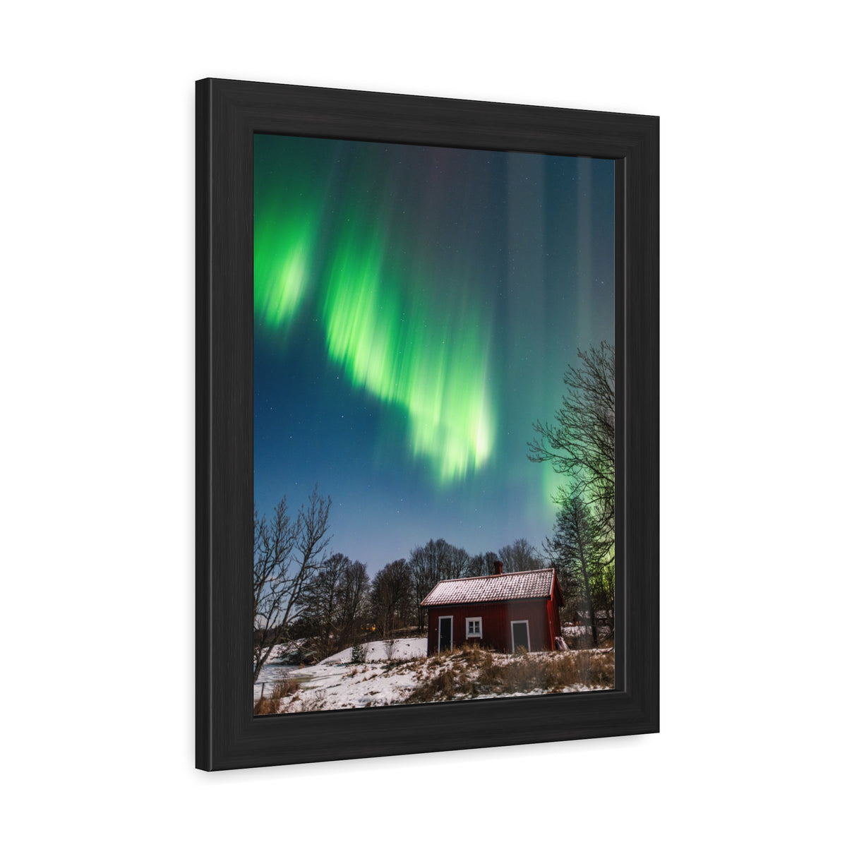 Framed Poster — Northern Lights Over Snowy Cabin Wall Art