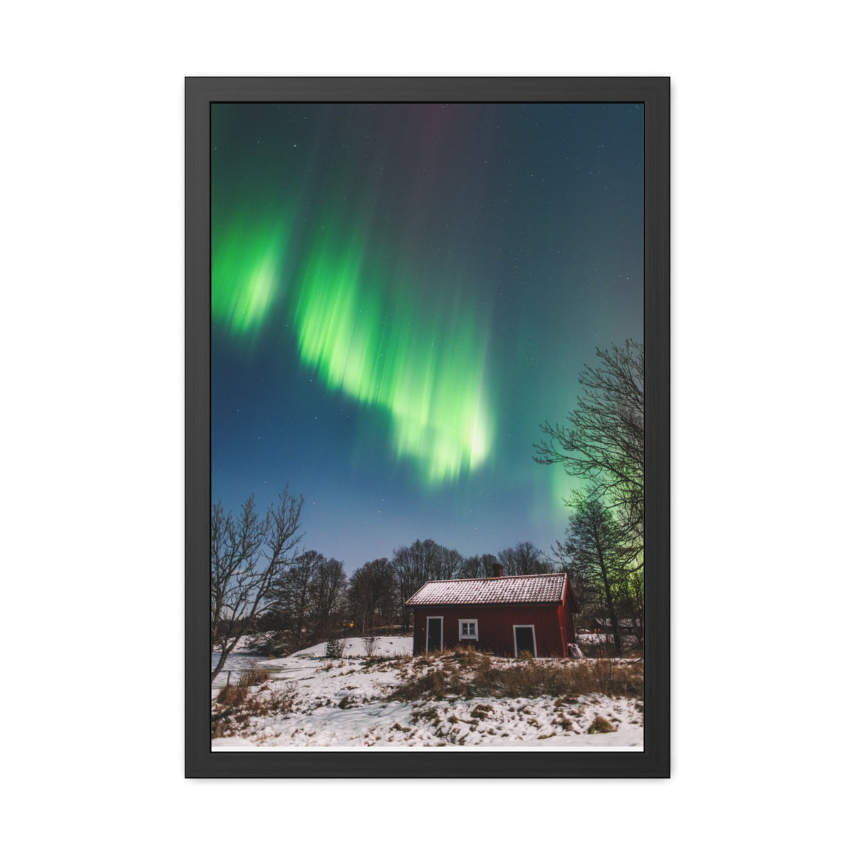 Framed Poster — Northern Lights Over Snowy Cabin Wall Art