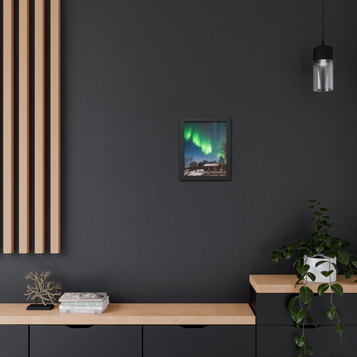 Framed Poster — Northern Lights Over Snowy Cabin Wall Art